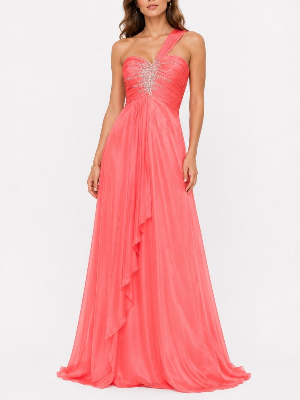 Y2k prom Coral flowy pink jewel formal asymmetric strap dress